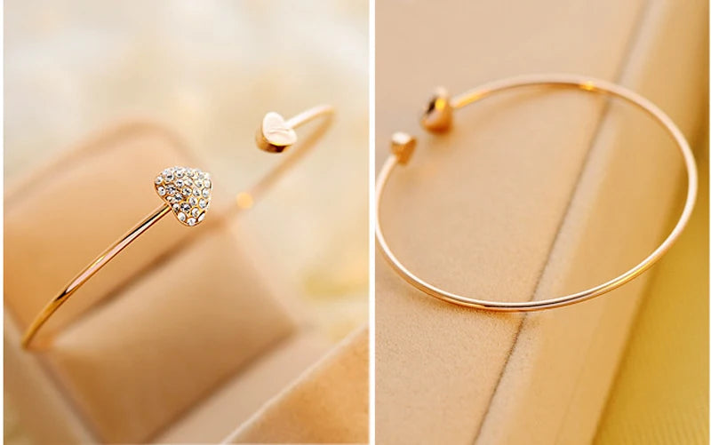 Adjustable Crystal Double Heart Bow Bilezik Cuff Opening Bracelet