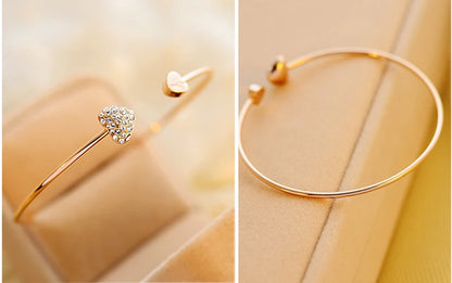 Adjustable Crystal Double Heart Bow Bilezik Cuff Opening Bracelet