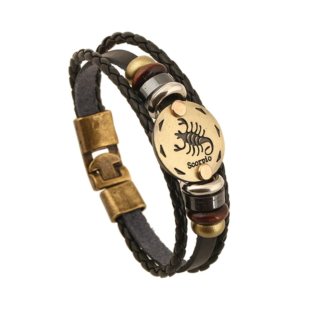 12 Constellation Logo Punk Leather Bracelet