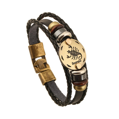12 Constellation Logo Punk Leather Bracelet