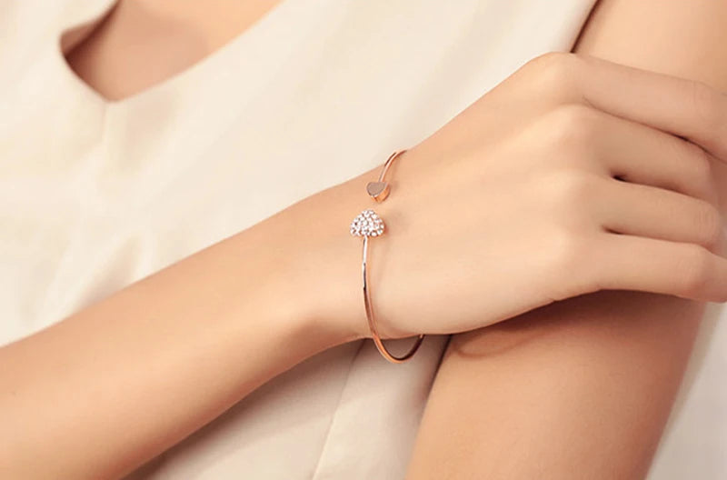 Adjustable Crystal Double Heart Bow Bilezik Cuff Opening Bracelet