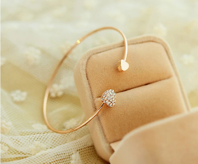 Adjustable Crystal Double Heart Bow Bilezik Cuff Opening Bracelet