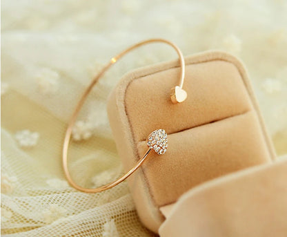 Adjustable Crystal Double Heart Bow Bilezik Cuff Opening Bracelet