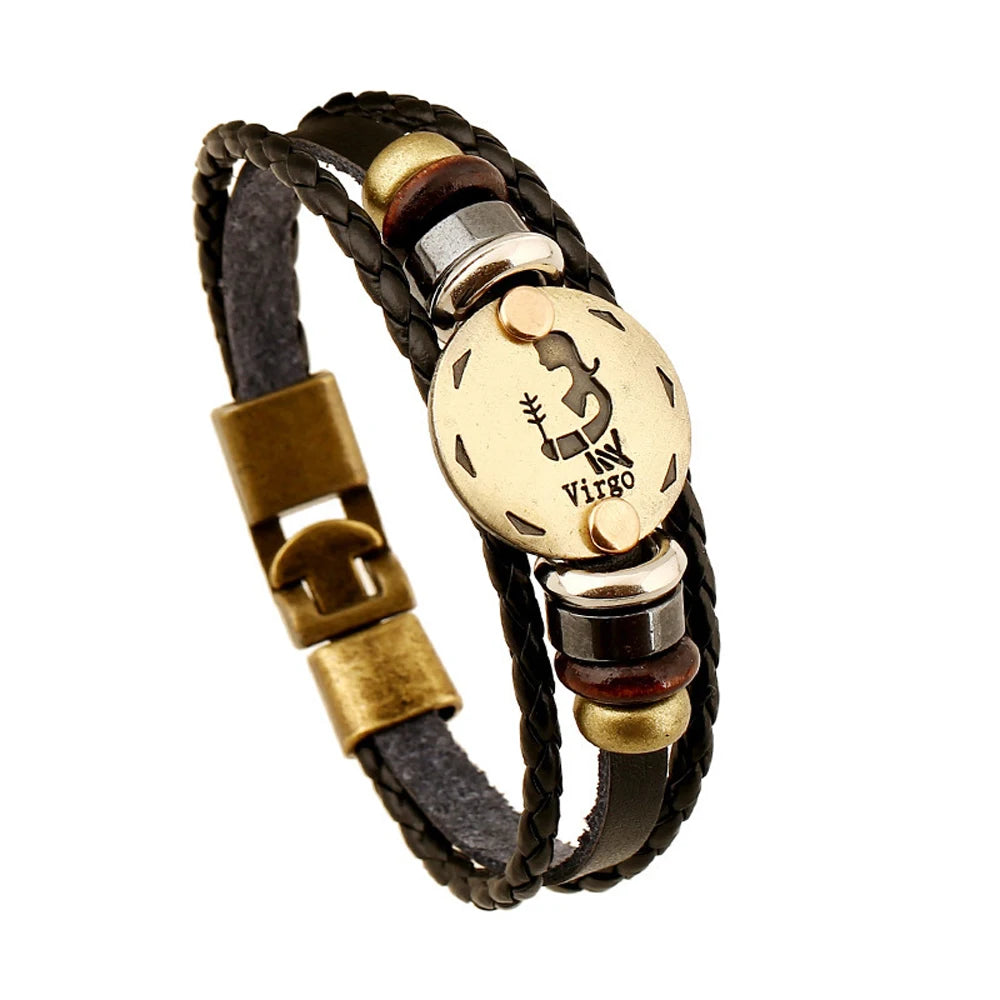 12 Constellation Logo Punk Leather Bracelet