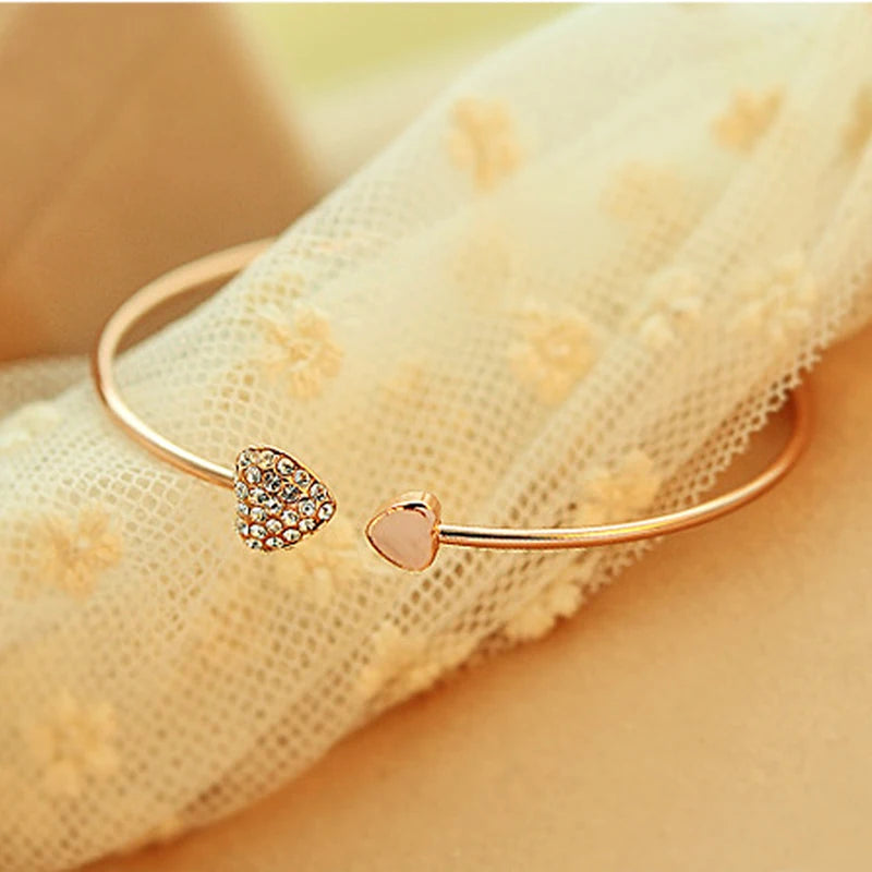 Adjustable Crystal Double Heart Bow Bilezik Cuff Opening Bracelet