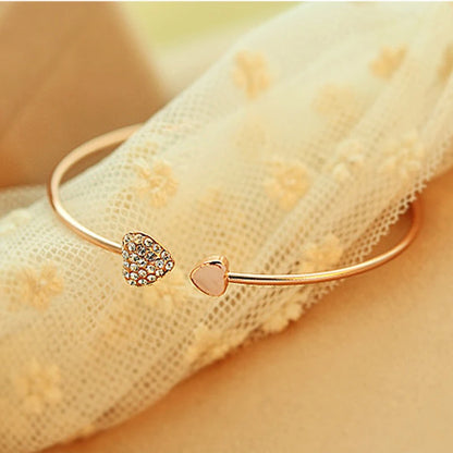 Adjustable Crystal Double Heart Bow Bilezik Cuff Opening Bracelet