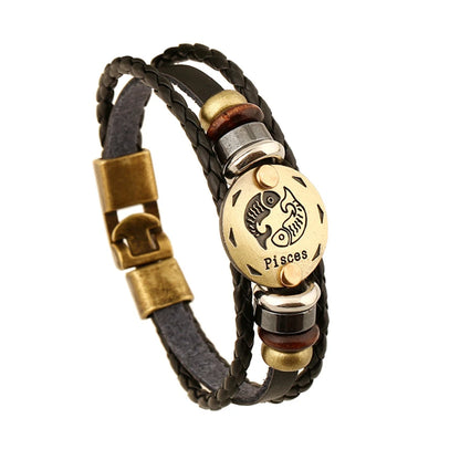 12 Constellation Logo Punk Leather Bracelet