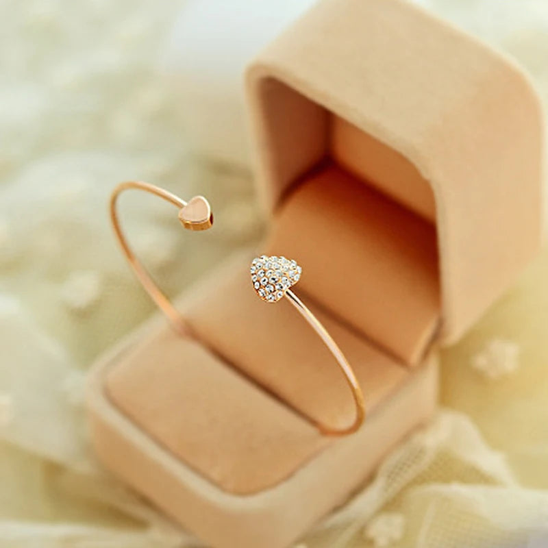 Adjustable Crystal Double Heart Bow Bilezik Cuff Opening Bracelet