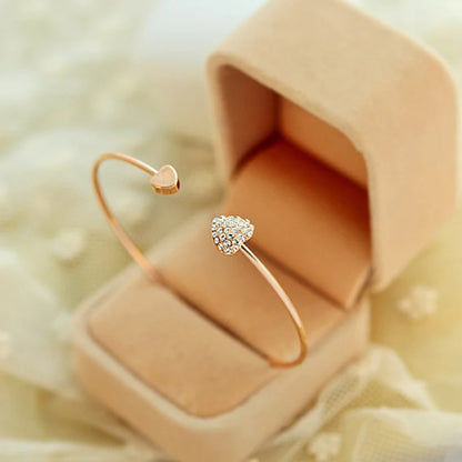 Adjustable Crystal Double Heart Bow Bilezik Cuff Opening Bracelet