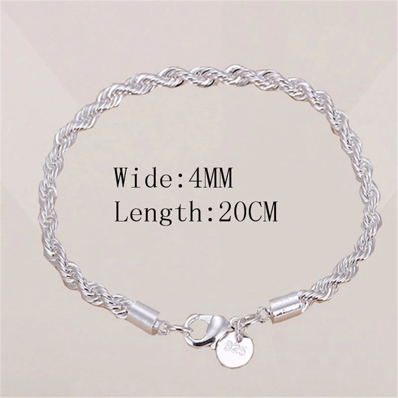 4mm Silver Color Chain Male Twisted Rope Bracelet