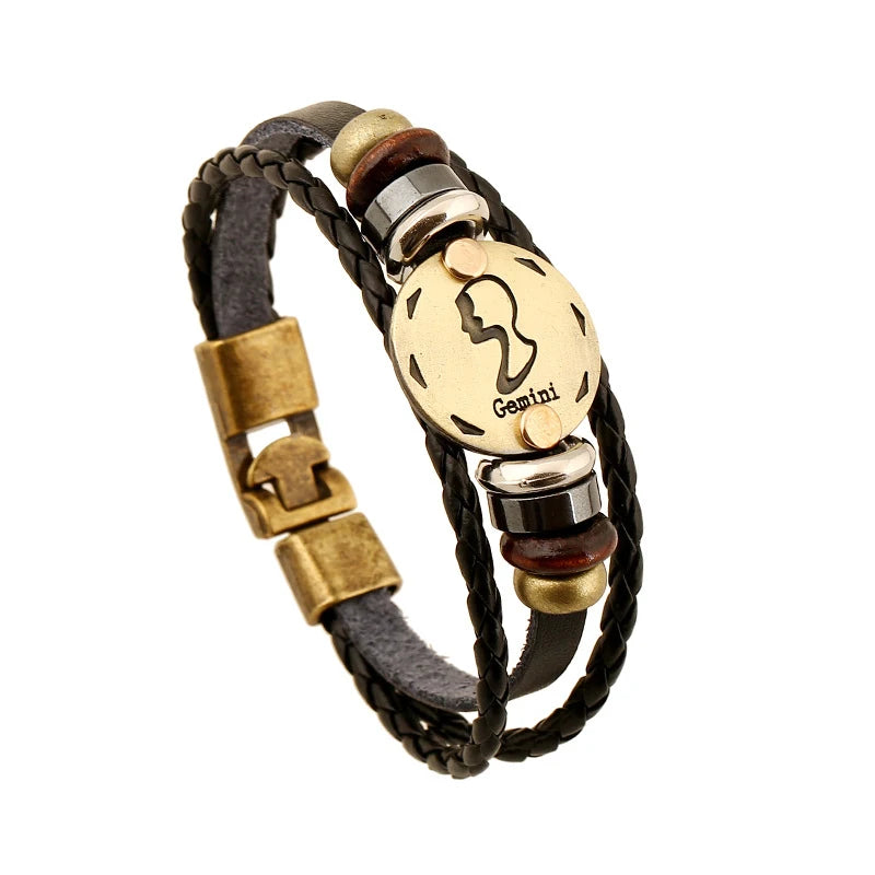 12 Constellation Logo Punk Leather Bracelet