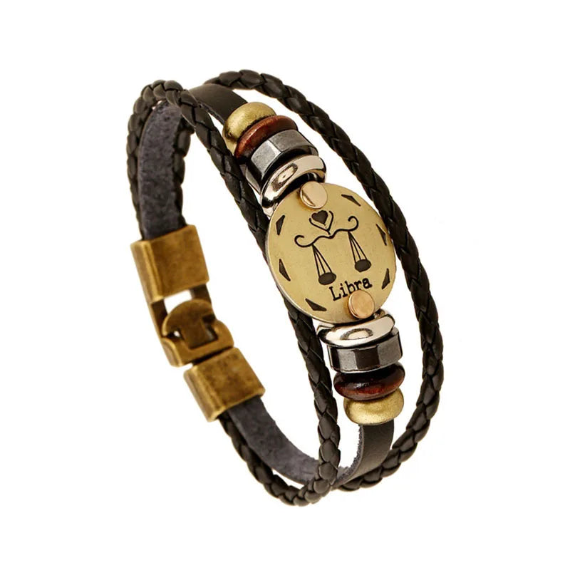 12 Constellation Logo Punk Leather Bracelet