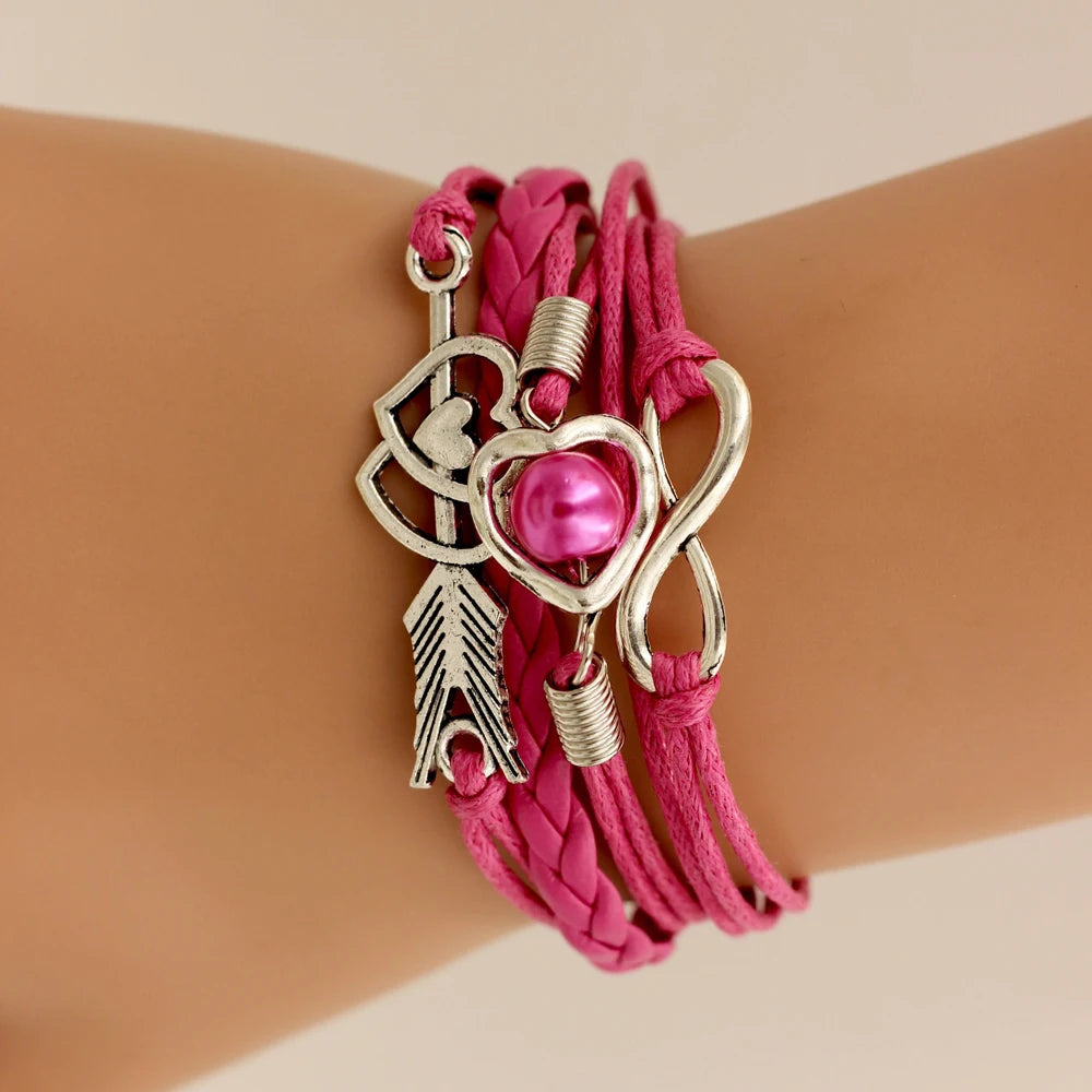 Infinity Love Heart Pearl Friendship Antique Leather Charm Bracelet