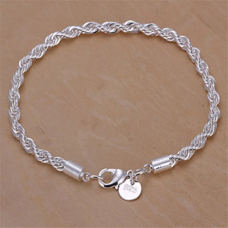 4mm Silver Color Chain Male Twisted Rope Bracelet