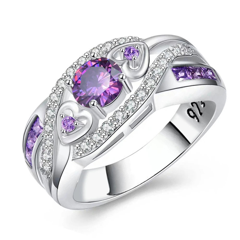 Oval Heart Design Multi & Purple White CZ Silver Color Ring