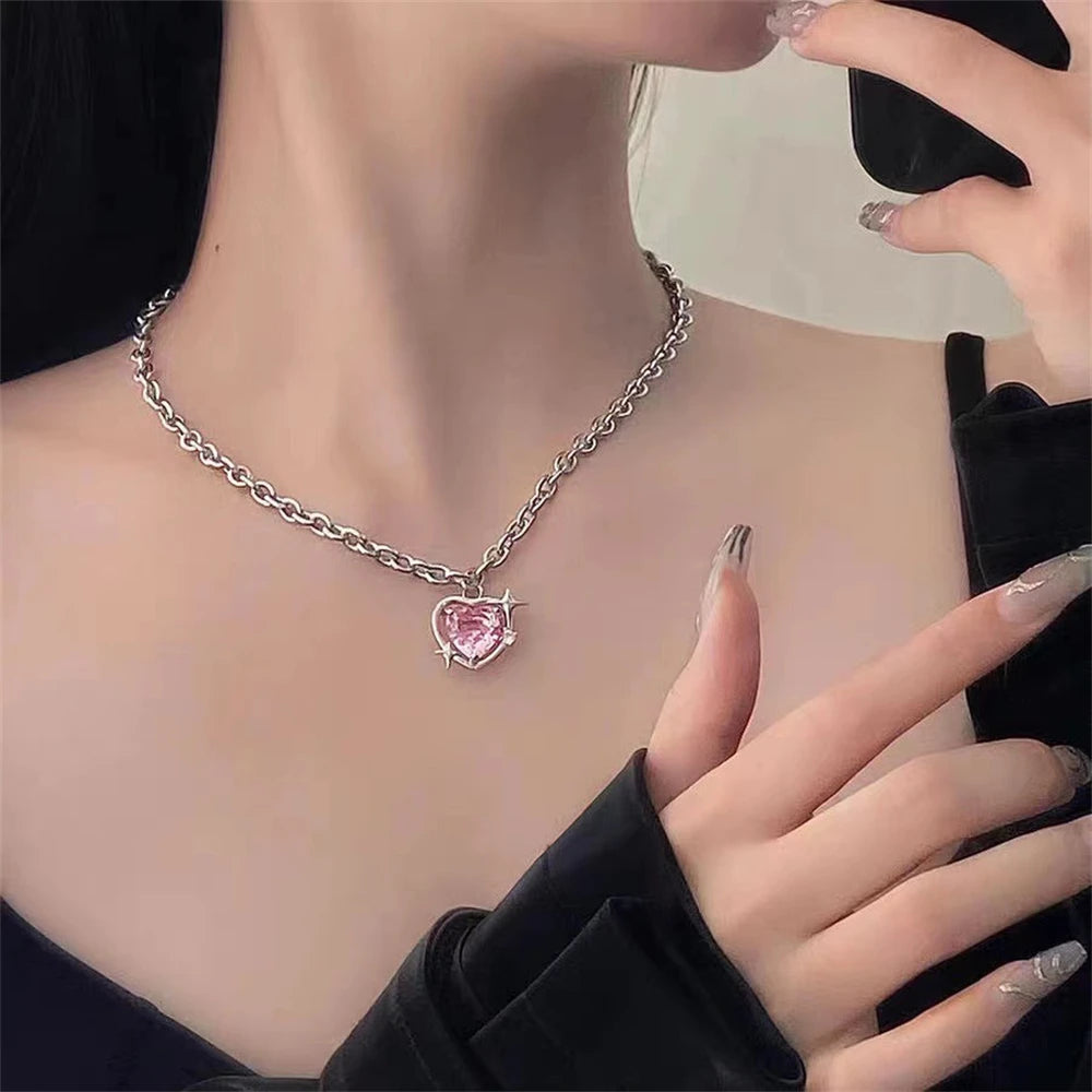 Goth Harajuku Pink Peach Heart Pendant Necklaces & Earrings Set