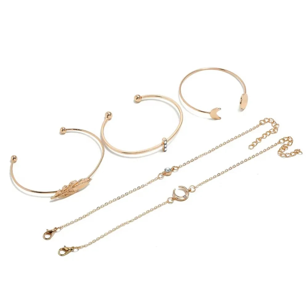 5Pcs Punk Chain Moon Leaf Crystal Geometry Open Bracelet Set