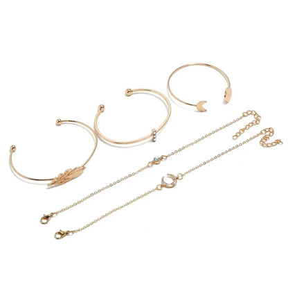 5Pcs Punk Chain Moon Leaf Crystal Geometry Open Bracelet Set