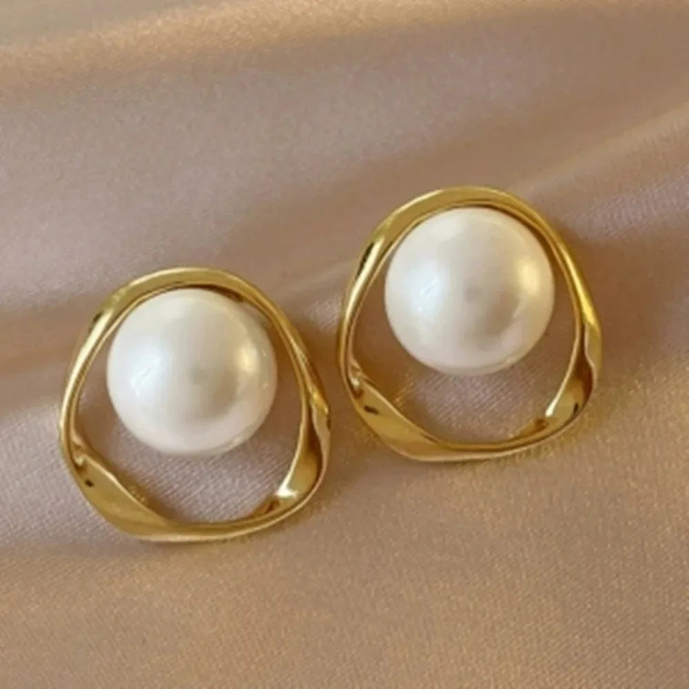 Gold Color Delicate Irregular Design Unusual Imitation Pearl Round Stud Earrings