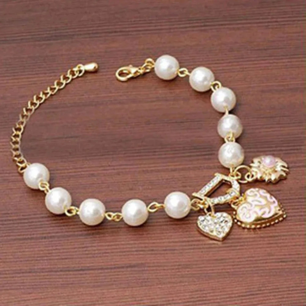 Heart Flower Simulated Pearl Crystal D Letter Beaded Bracelet