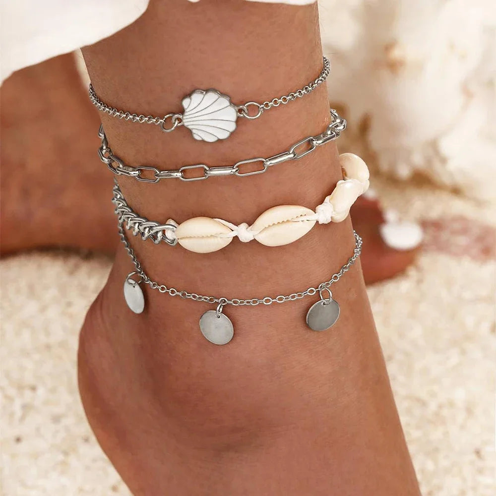 4 Pieces Bohemian Shell Chain Sequins Ankle Bracelet Set