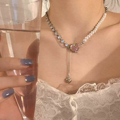 Peach Heart Water Drop Pendant Necklace