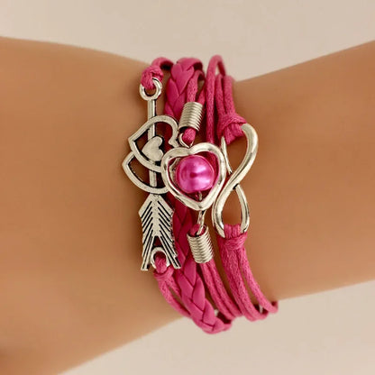 Infinity Love Heart Pearl Friendship Antique Leather Charm Bracelet