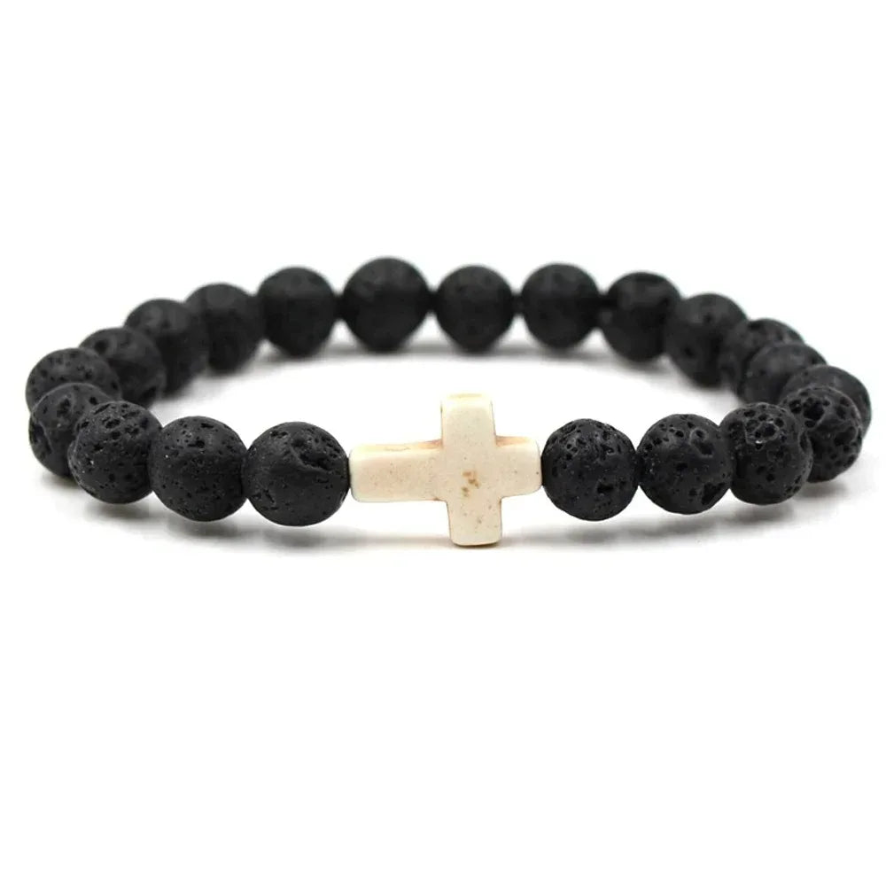 Handmade Natural Stone Cross Black Lava Beaded Strand Bracelet