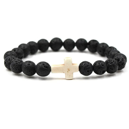 Handmade Natural Stone Cross Black Lava Beaded Strand Bracelet