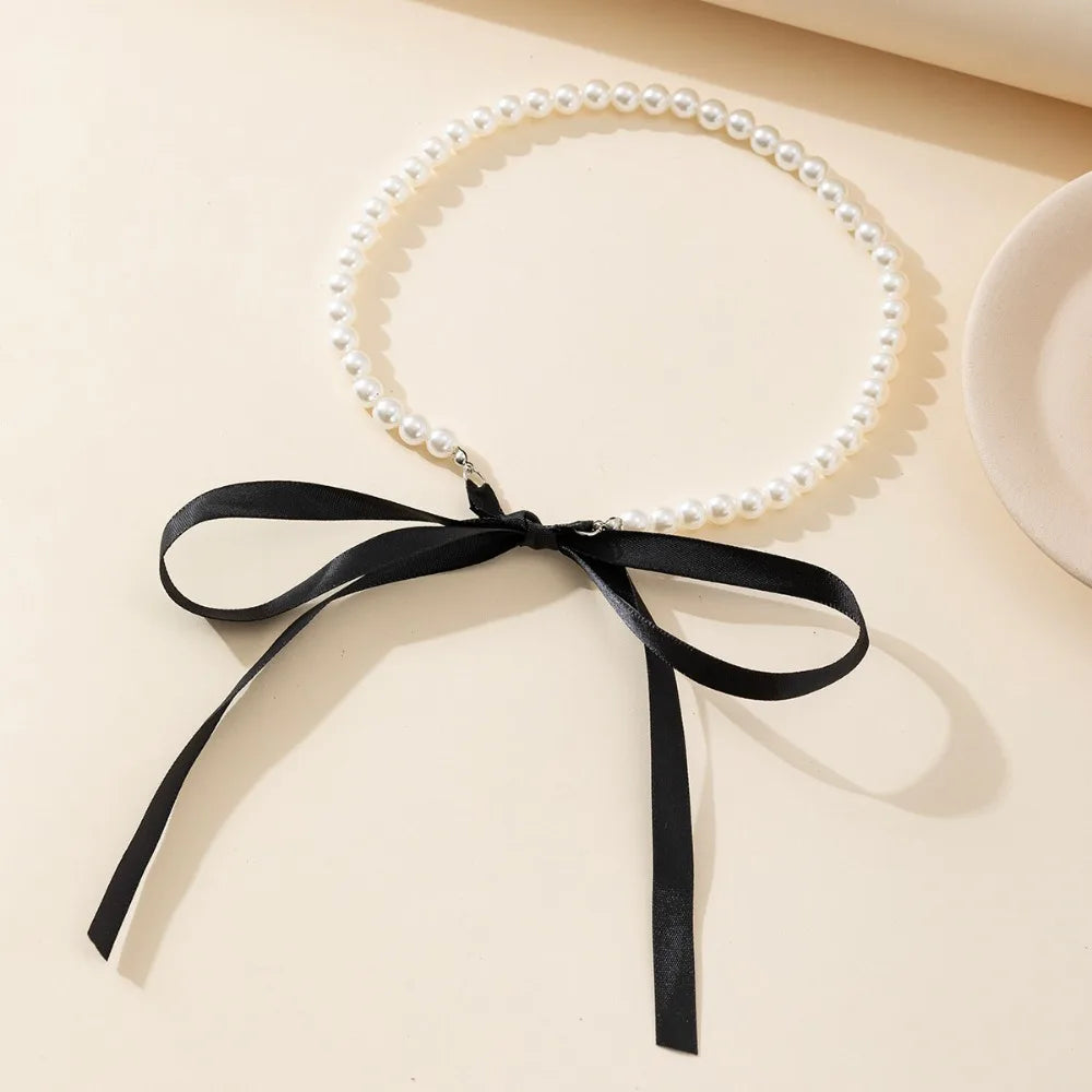 Elegant Adjustable Bow Necklace with Korean Romantic Imitation Pearl Beaded Choker