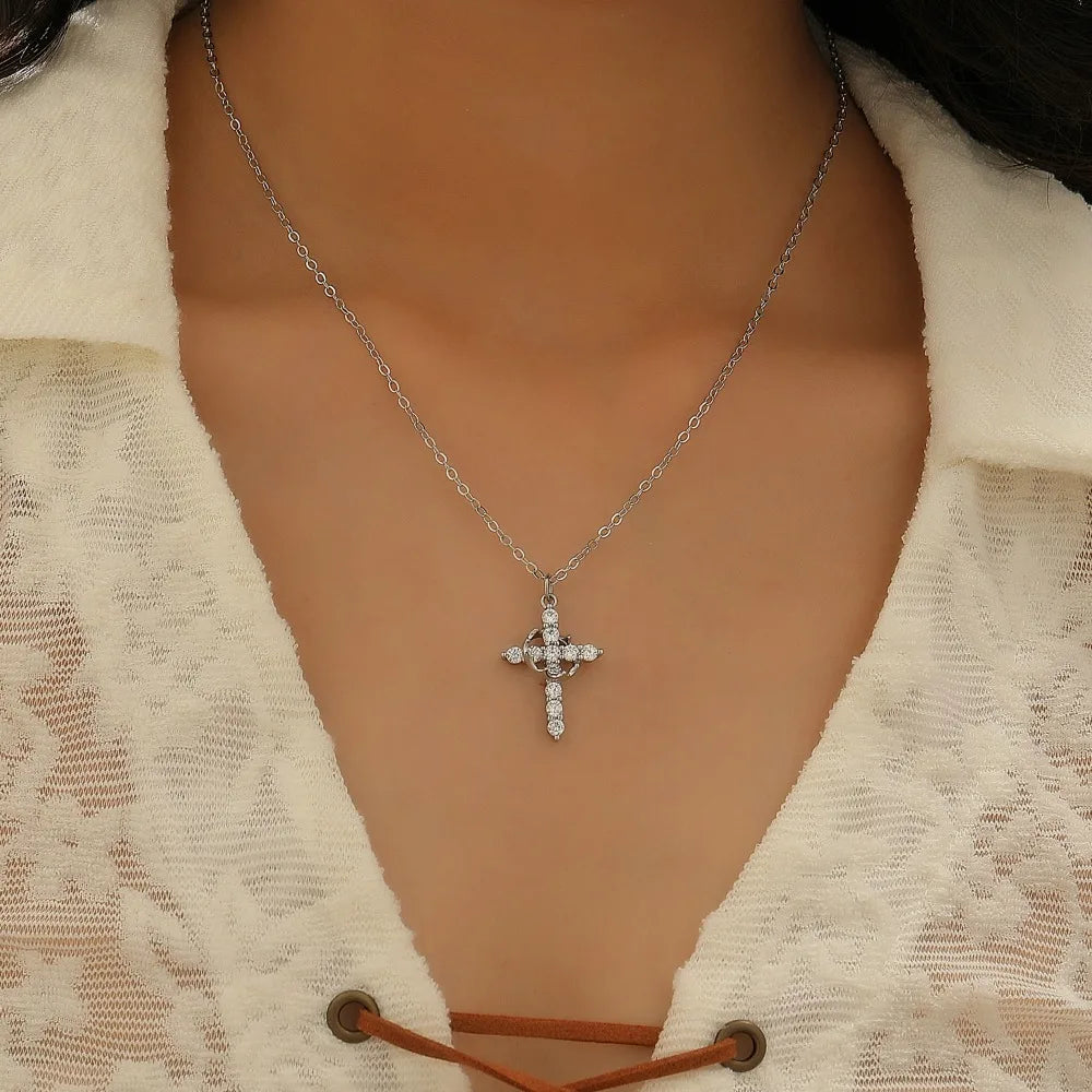 Rotatable Crown Cross Copper Pendant Necklace