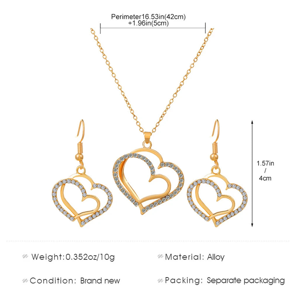 Exquisite Double Heart Necklace Earrings Jewelry Set