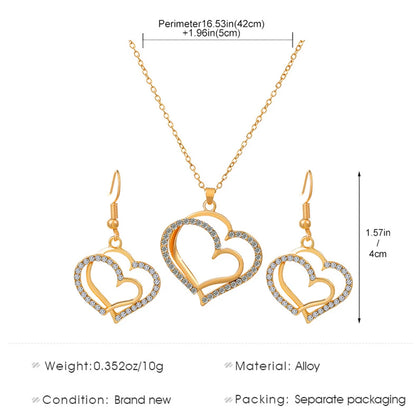 Exquisite Double Heart Necklace Earrings Jewelry Set