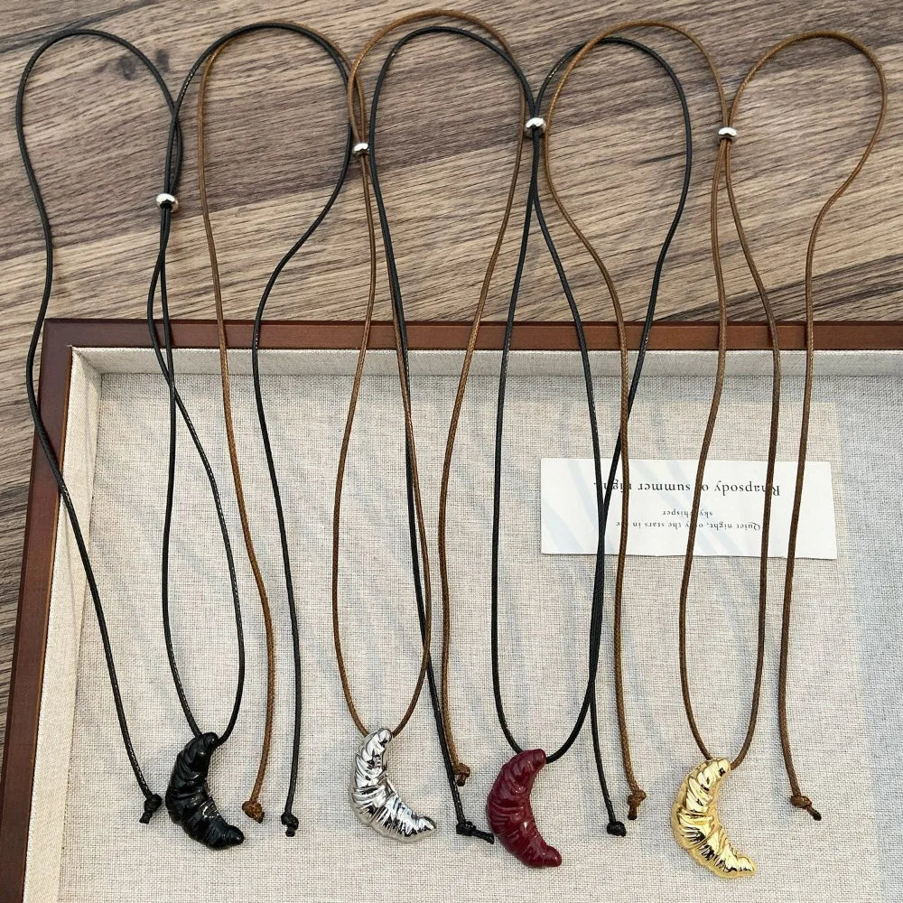 Simple Leather Rope Cow Horn Long Necklace