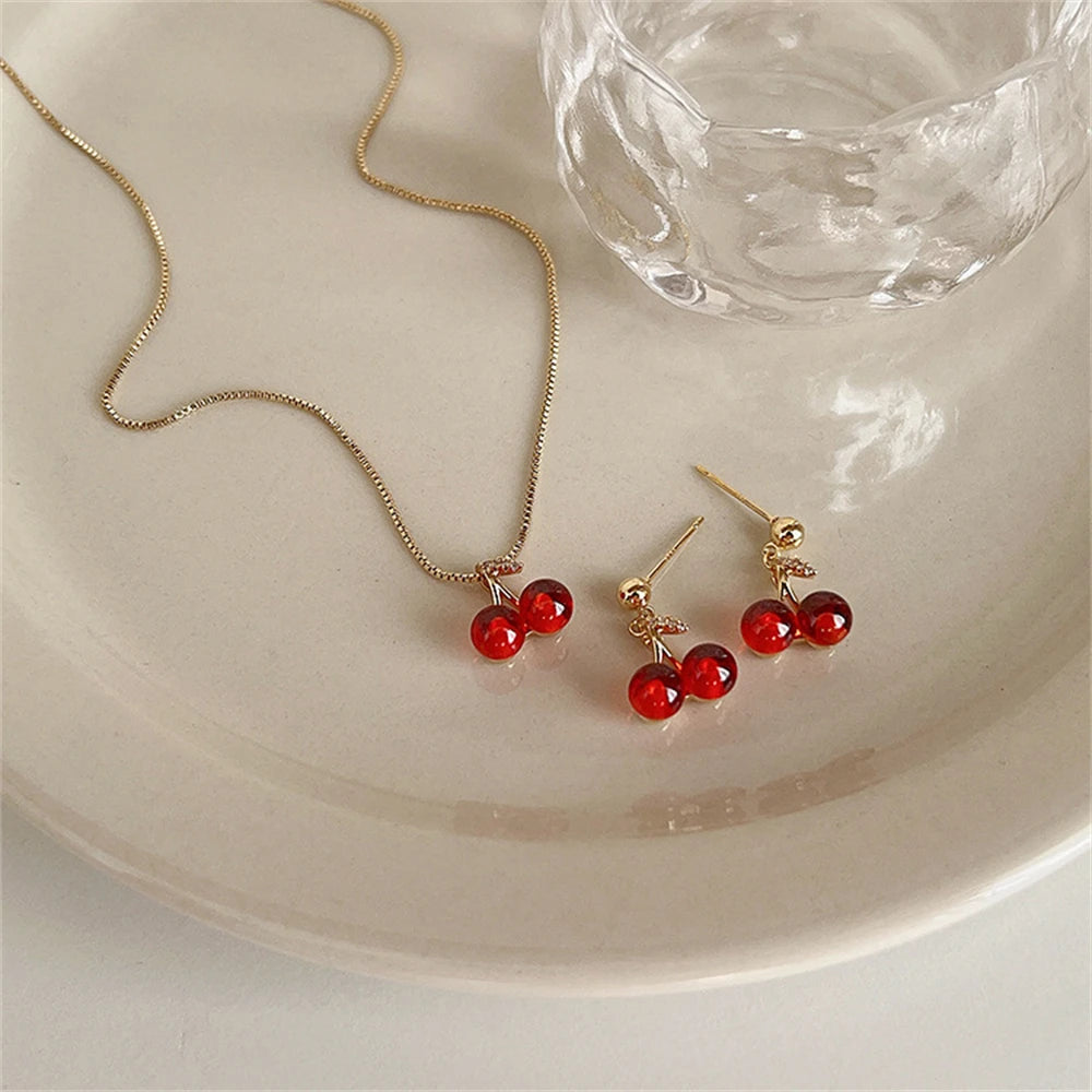 Little Wine Red Cherry Pendant Necklaces And Fruit Golden Drop Earrings Set