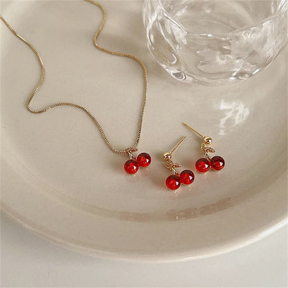 Little Wine Red Cherry Pendant Necklaces And Fruit Golden Drop Earrings Set
