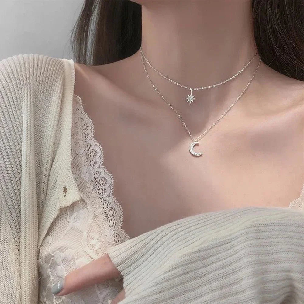 Simple Double Layer Star Moon Charm Necklace