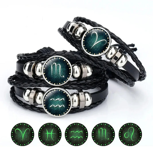 12 Constellation Luminous Leather Charms Bracelet