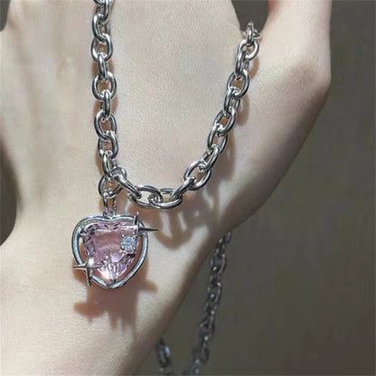 Goth Harajuku Pink Peach Heart Pendant Necklaces & Earrings Set