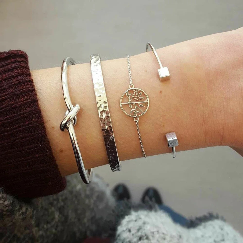 5Pcs Punk Chain Moon Leaf Crystal Geometry Open Bracelet Set
