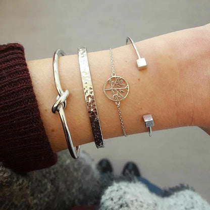 5Pcs Punk Chain Moon Leaf Crystal Geometry Open Bracelet Set