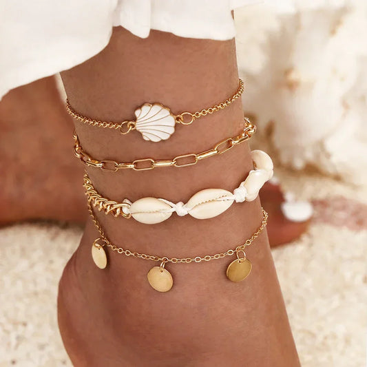 4 Pieces Bohemian Shell Chain Sequins Ankle Bracelet Set