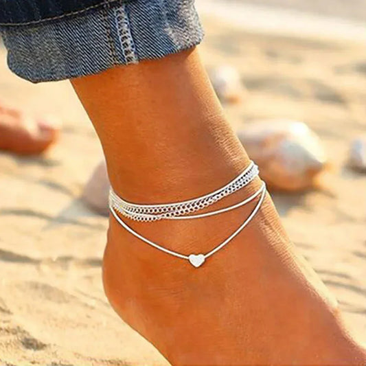 Bohemian Silver Color Heart Anklet