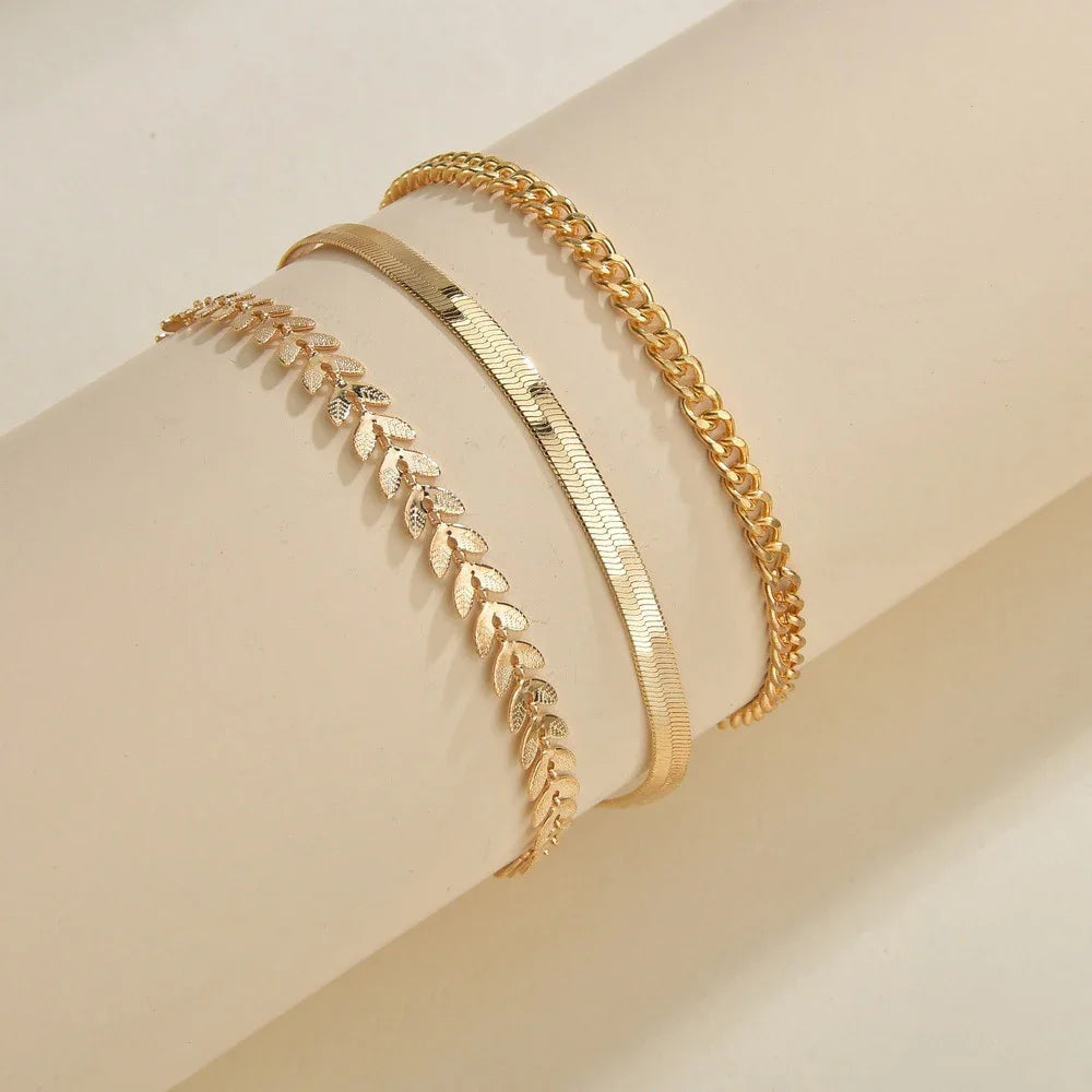 3pcs/set Gold Color Simple Chain Anklets