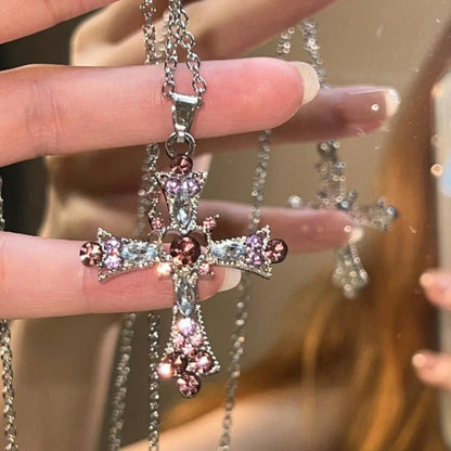 Y2k Crystal Pink Zircon Cross Pendant Necklace