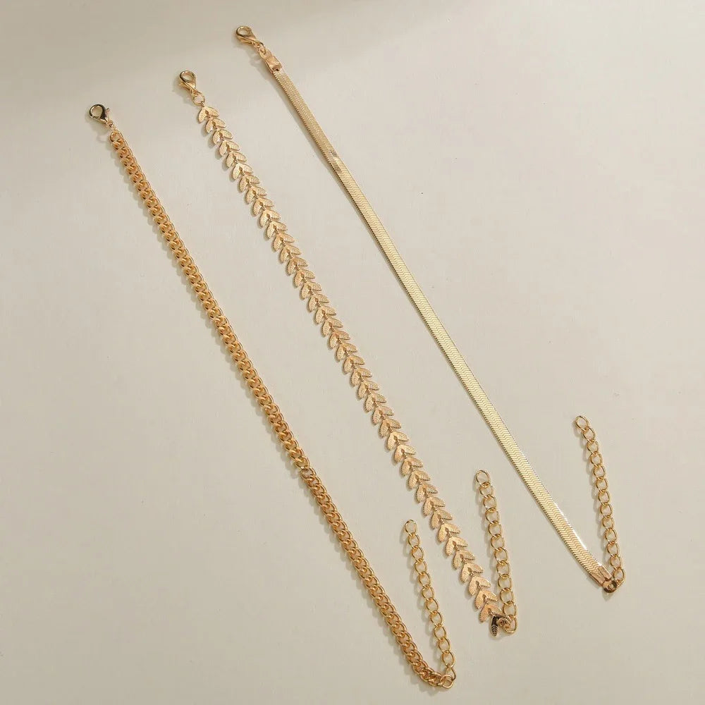 3pcs/set Gold Color Simple Chain Anklets