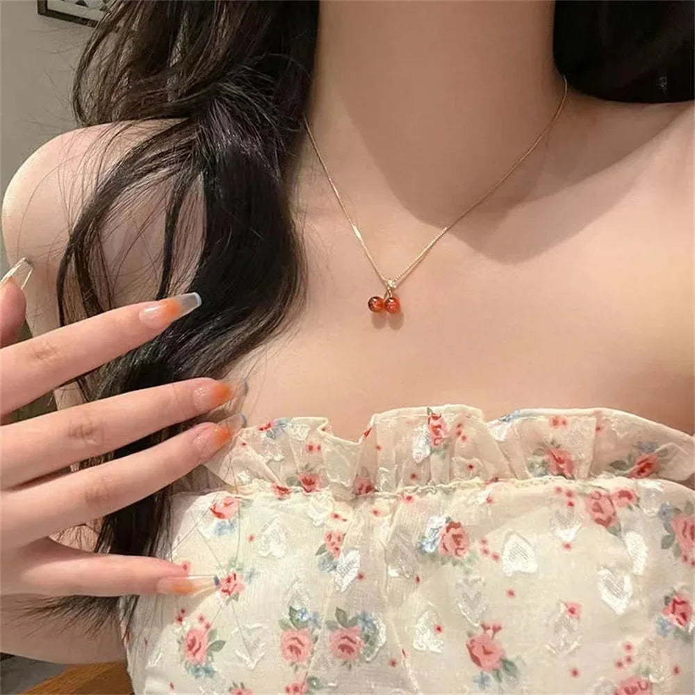 Little Wine Red Cherry Pendant Necklaces And Fruit Golden Drop Earrings Set