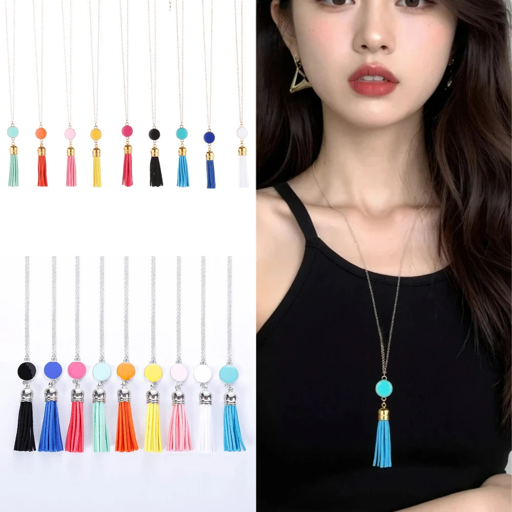 Boho Monogram Acrylic Blank Disc Long Chain Tassel Sweater Necklace