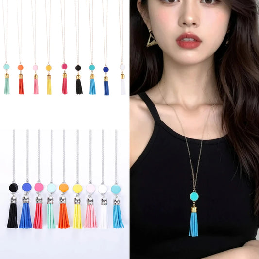 Boho Monogram Acrylic Blank Disc Long Chain Tassel Sweater Necklace