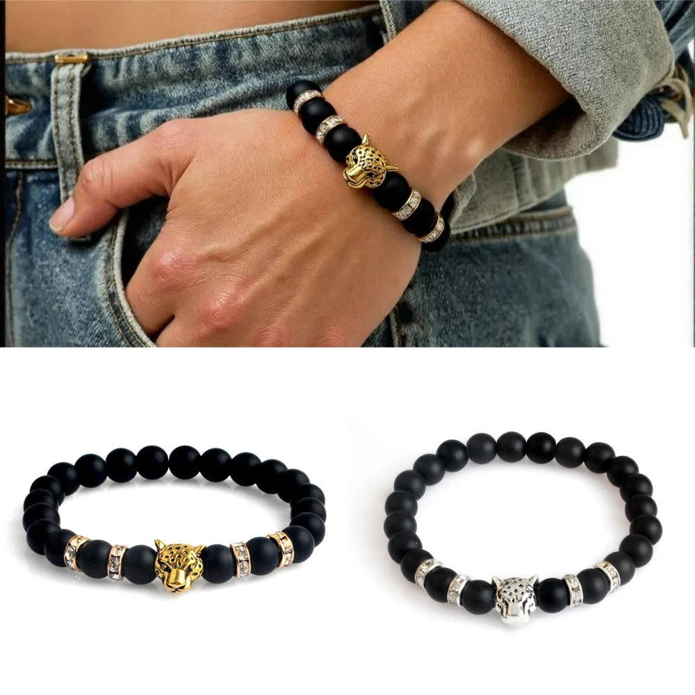 Matte Black Onyx Tiger Leopard Beaded Bracelet